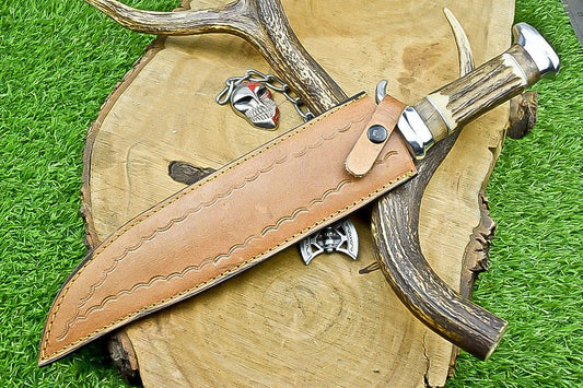 17" Handmade Damascus Steel Bowie Knife – Stag Horn Handle & Leather Sheath