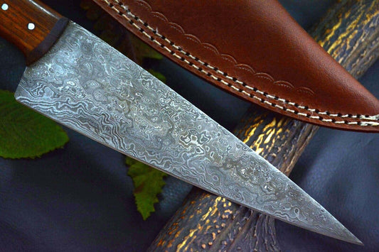 Custom Damascus Steel Chef Knife – Handmade with 7.3" Ladder Pattern Blade, Walnut & Olive Handle, Leather Sheath