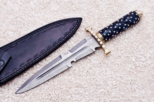 Custom Damascus Steel Bowie Knife | 13" Olive Wood & Brass Handle with Leather Sheath