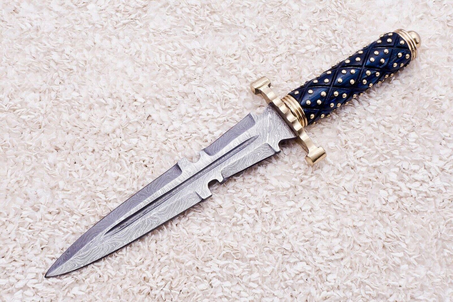 Custom Damascus Steel Bowie Knife | 13" Olive Wood & Brass Handle with Leather Sheath
