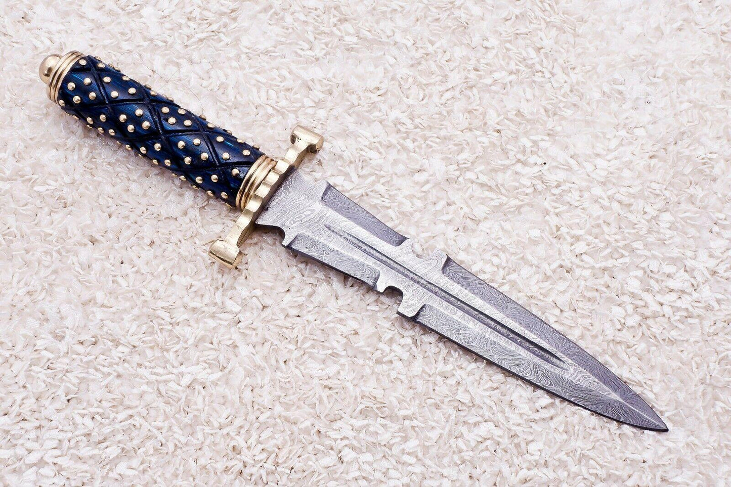 Custom Damascus Steel Bowie Knife | 13" Olive Wood & Brass Handle with Leather Sheath