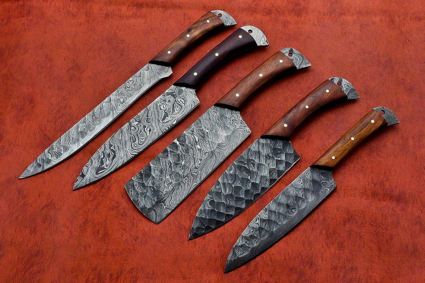 Custom Handmade Damascus Steel 5-Piece Chef Knife Set with Wood Handle