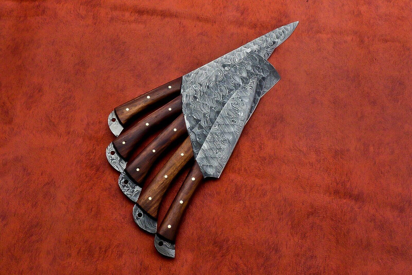 Custom Handmade Damascus Steel 5-Piece Chef Knife Set with Wood Handle