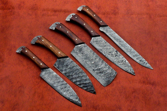 Custom Handmade Damascus Steel 5-Piece Chef Knife Set with Wood Handle