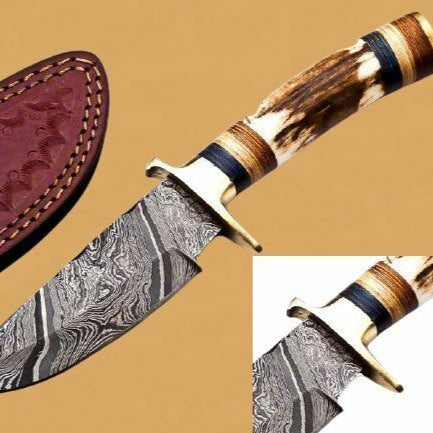 10" Heritage Forge Damascus Bowie Knife | Deer Antler Handle