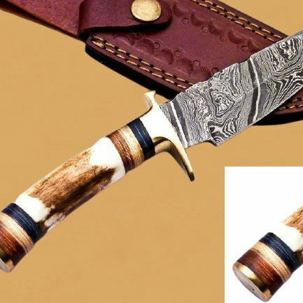 10" Heritage Forge Damascus Bowie Knife | Deer Antler Handle