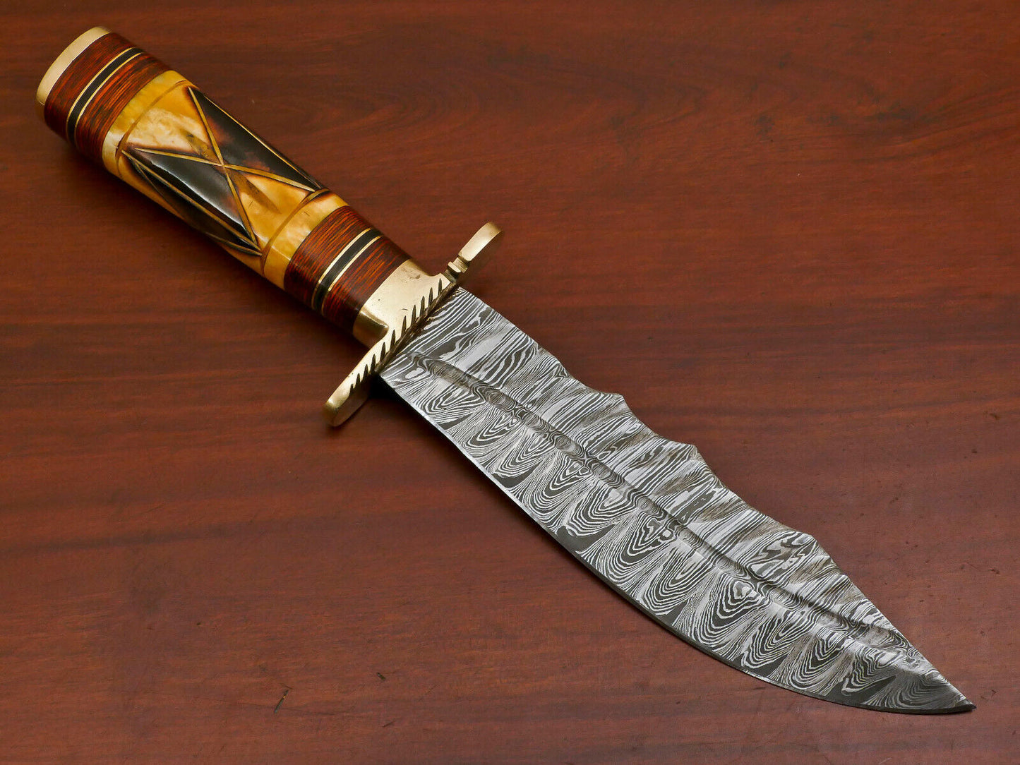 Heritage Forge 12 Inch Damascus Steel Bowie Hunting Knife with Camel Bone and Pakka Wood Handle