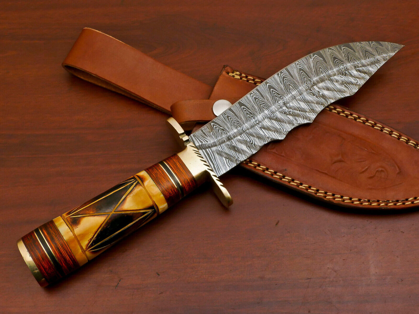 Heritage Forge 12 Inch Damascus Steel Bowie Hunting Knife with Camel Bone and Pakka Wood Handle