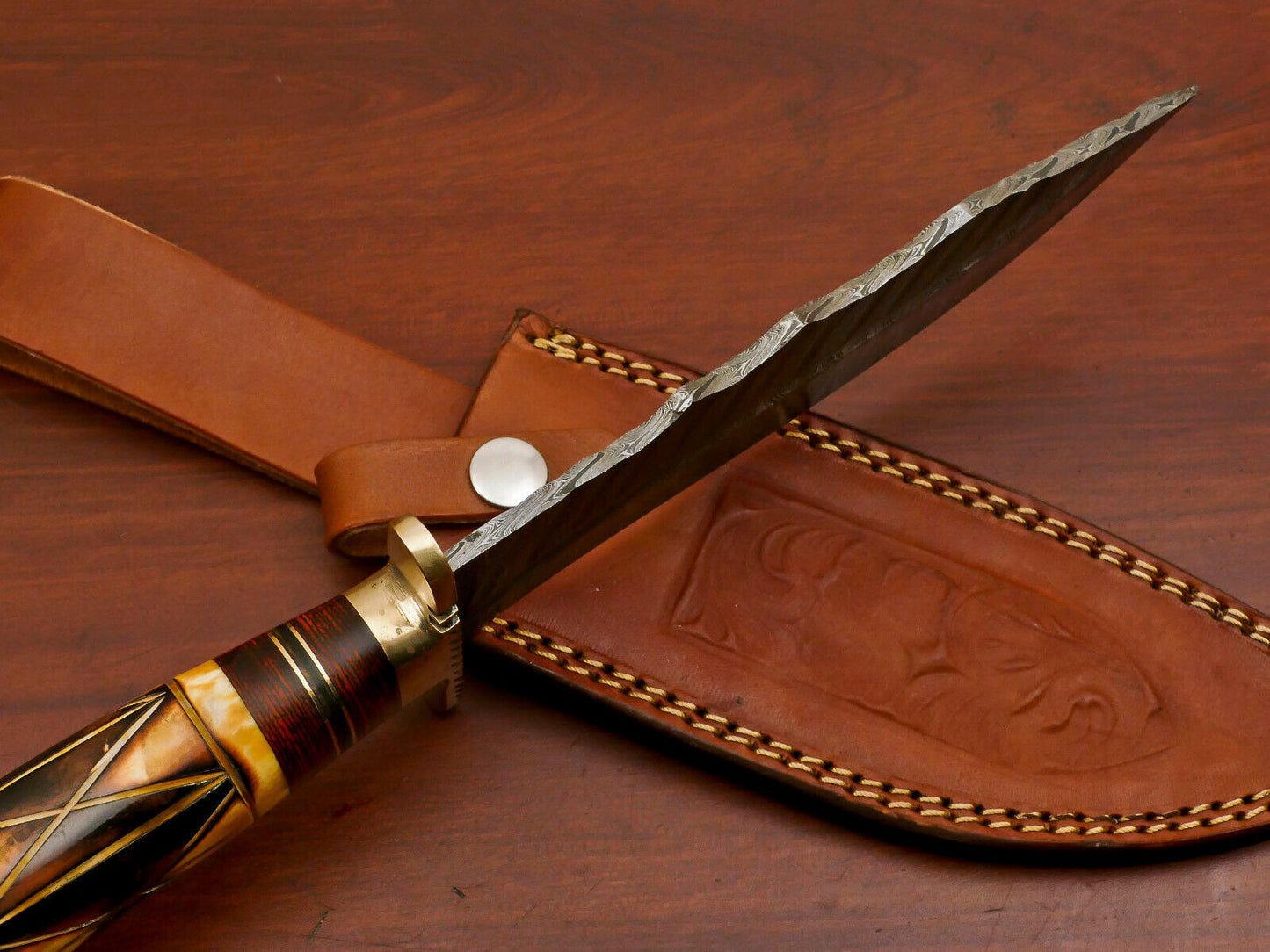 Heritage Forge 12 Inch Damascus Steel Bowie Hunting Knife with Camel Bone and Pakka Wood Handle