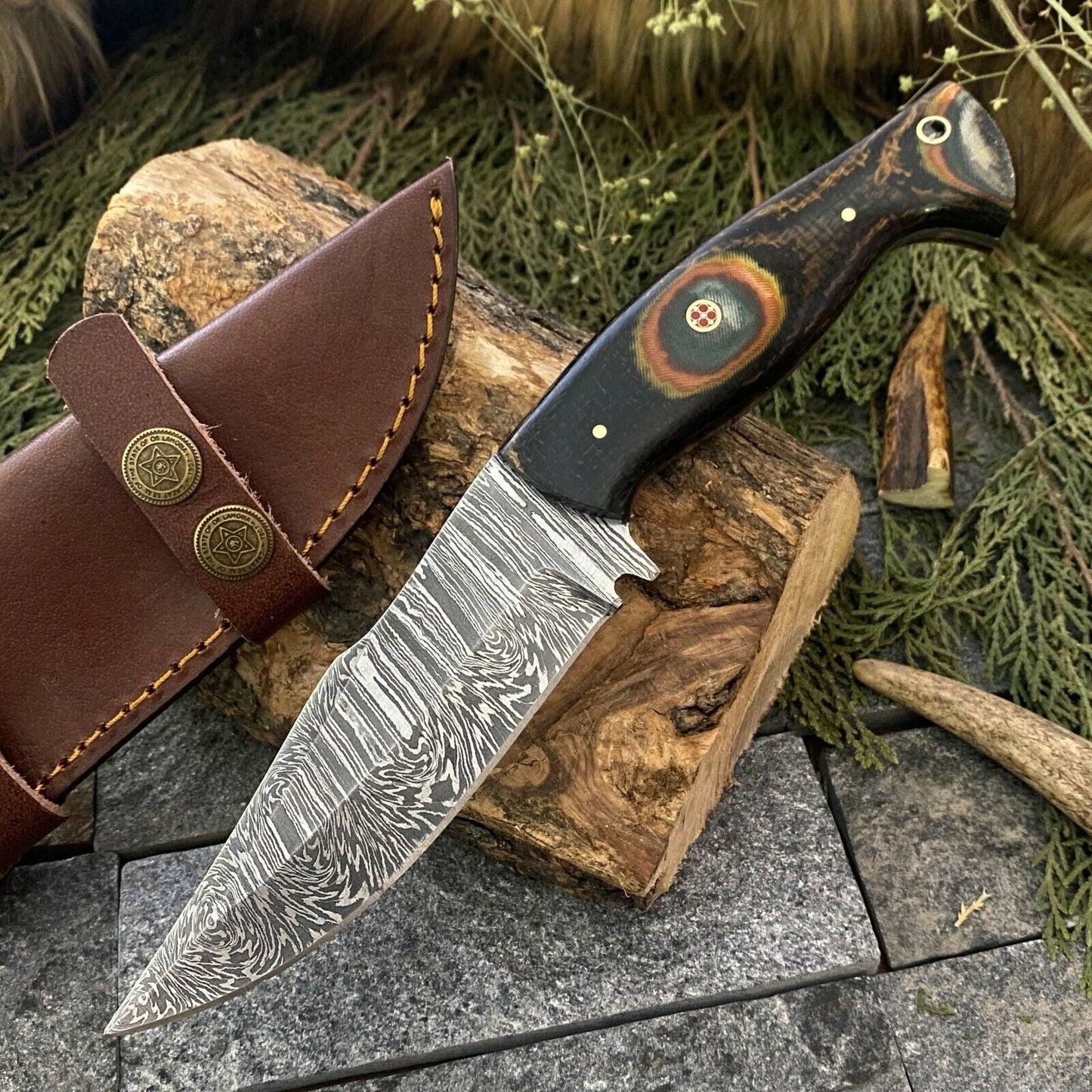 Custom Hand Forged Damascus Steel EDC Bowie Hunting Knife | Micarta Handle | Leather Sheath