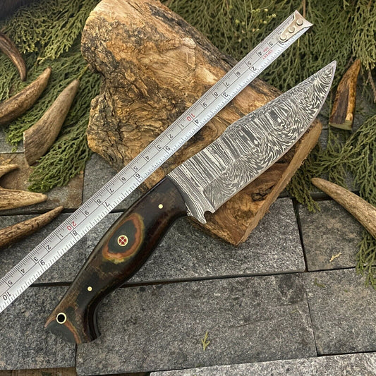 Custom Hand Forged Damascus Steel EDC Bowie Hunting Knife | Micarta Handle | Leather Sheath