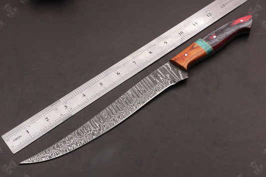 13.5" Hand Forged Fire Damascus Steel Fillet Knife For Kitchen Use Best Fillet Knife W/Sheath