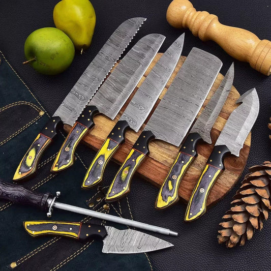8-Piece Handmade Damascus Steel Chef Knife Set with Rosewood Handle & Leather Roll Bag