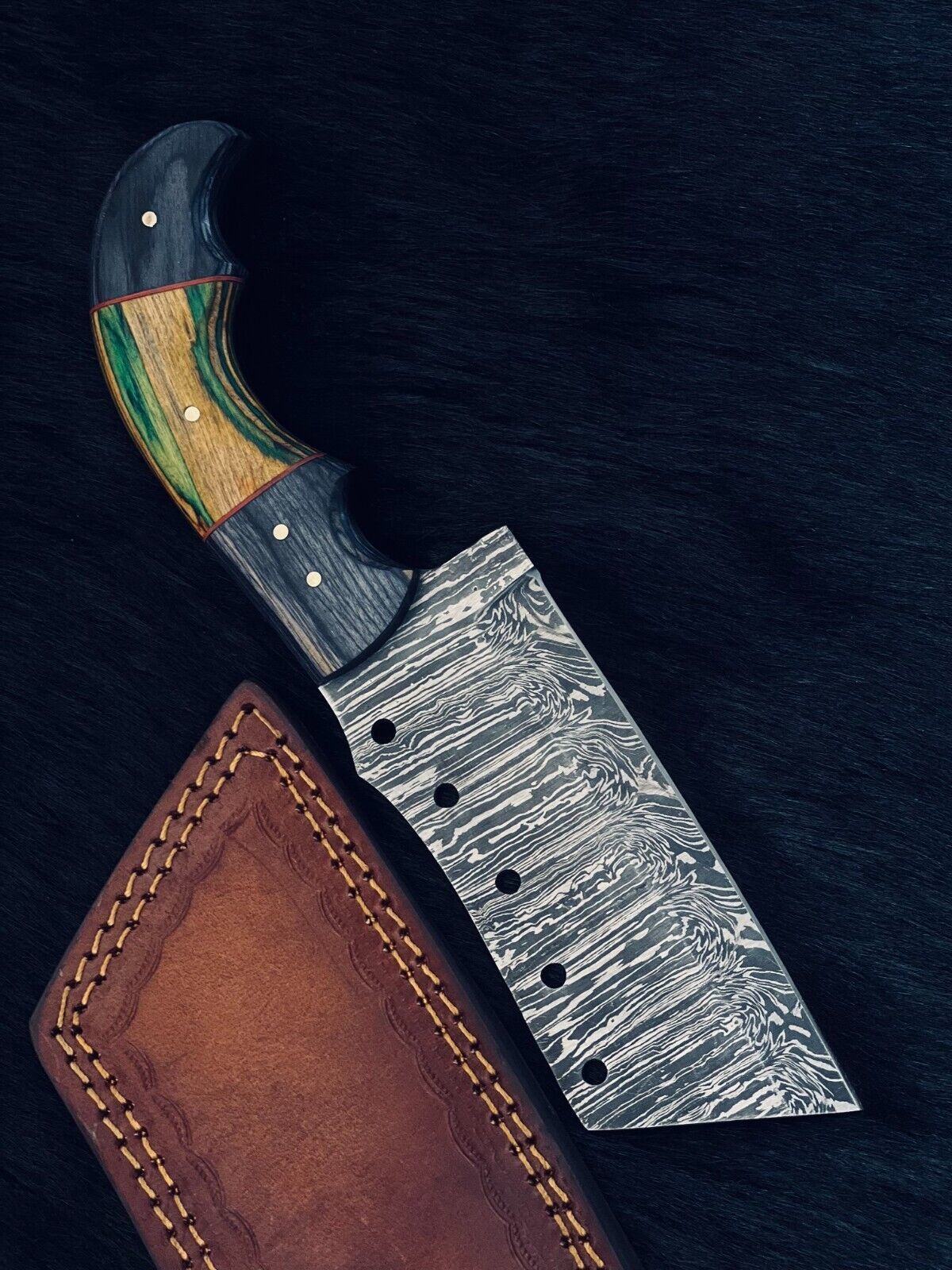 Heritage Forge 9.5 Inch Twist Damascus Cleaver Hunting Knife with Camel Bone and Wood Handle