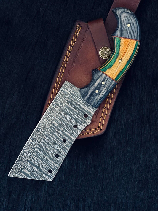 Heritage Forge 9.5 Inch Twist Damascus Cleaver Hunting Knife with Camel Bone and Wood Handle