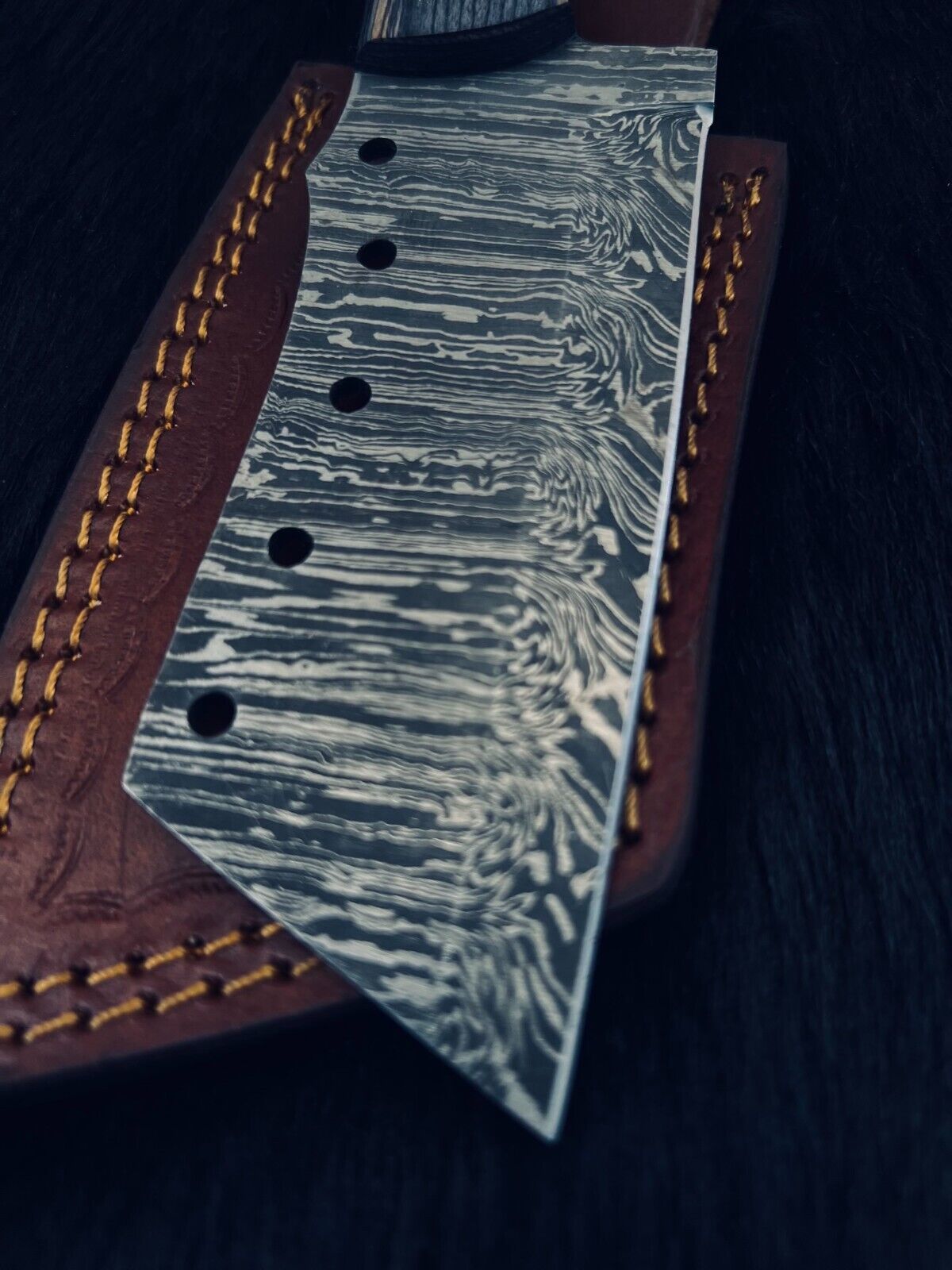 Heritage Forge 9.5 Inch Twist Damascus Cleaver Hunting Knife with Camel Bone and Wood Handle