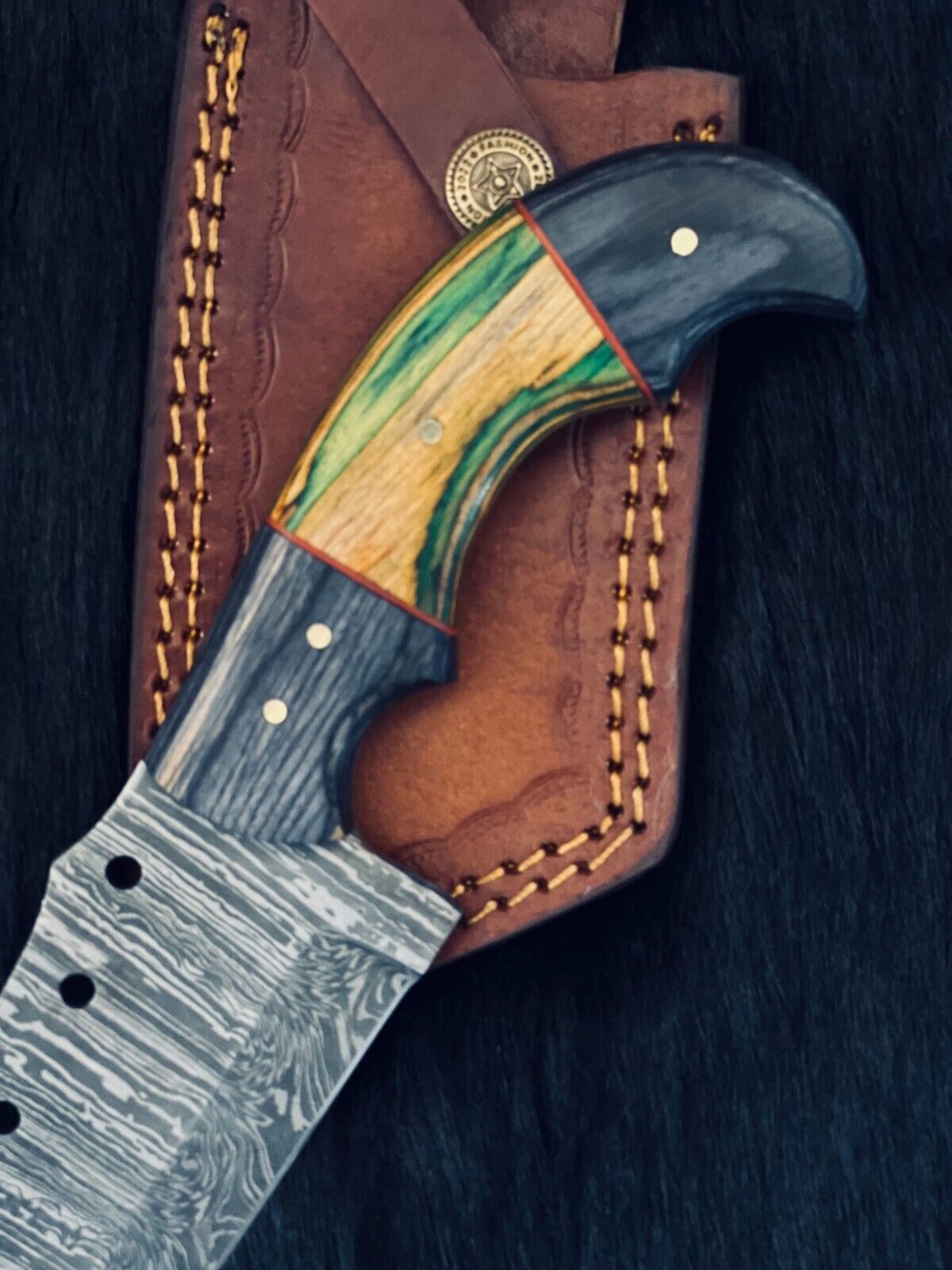 Heritage Forge 9.5 Inch Twist Damascus Cleaver Hunting Knife with Camel Bone and Wood Handle