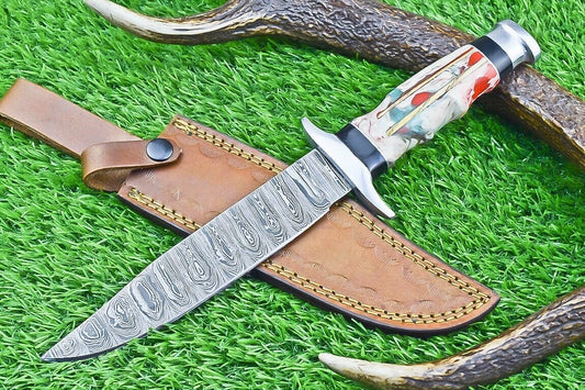 12 Inch Damascus Steel Bowie Knife with Resin Handle for Hunting and Camping