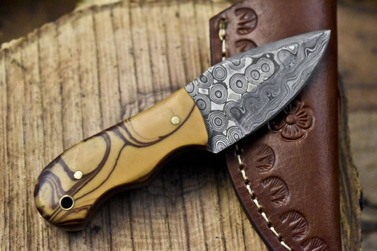 Miniature Damascus Skinner Knife Rain Drop Corain Handle Custom Camping Tool