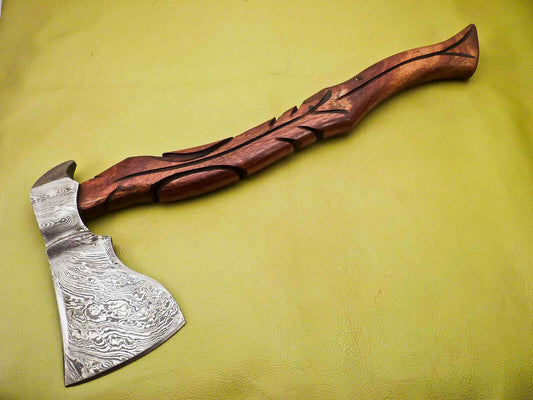 Custom Hand Forged Damascus Steel Tomahawk Axe Knife With Carved Burl Wood Handle