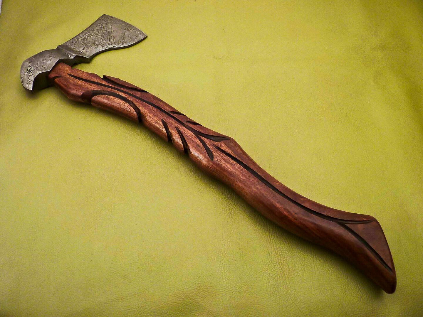 Custom Hand Forged Damascus Steel Tomahawk Axe Knife With Carved Burl Wood Handle