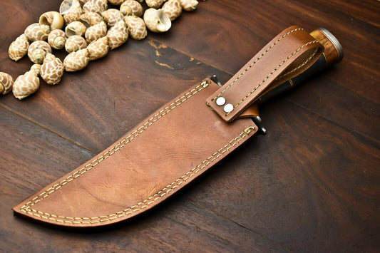 12.5" Damascus Steel Bowie Knife – Camel Bone Handle | Handmade Hunting Blade