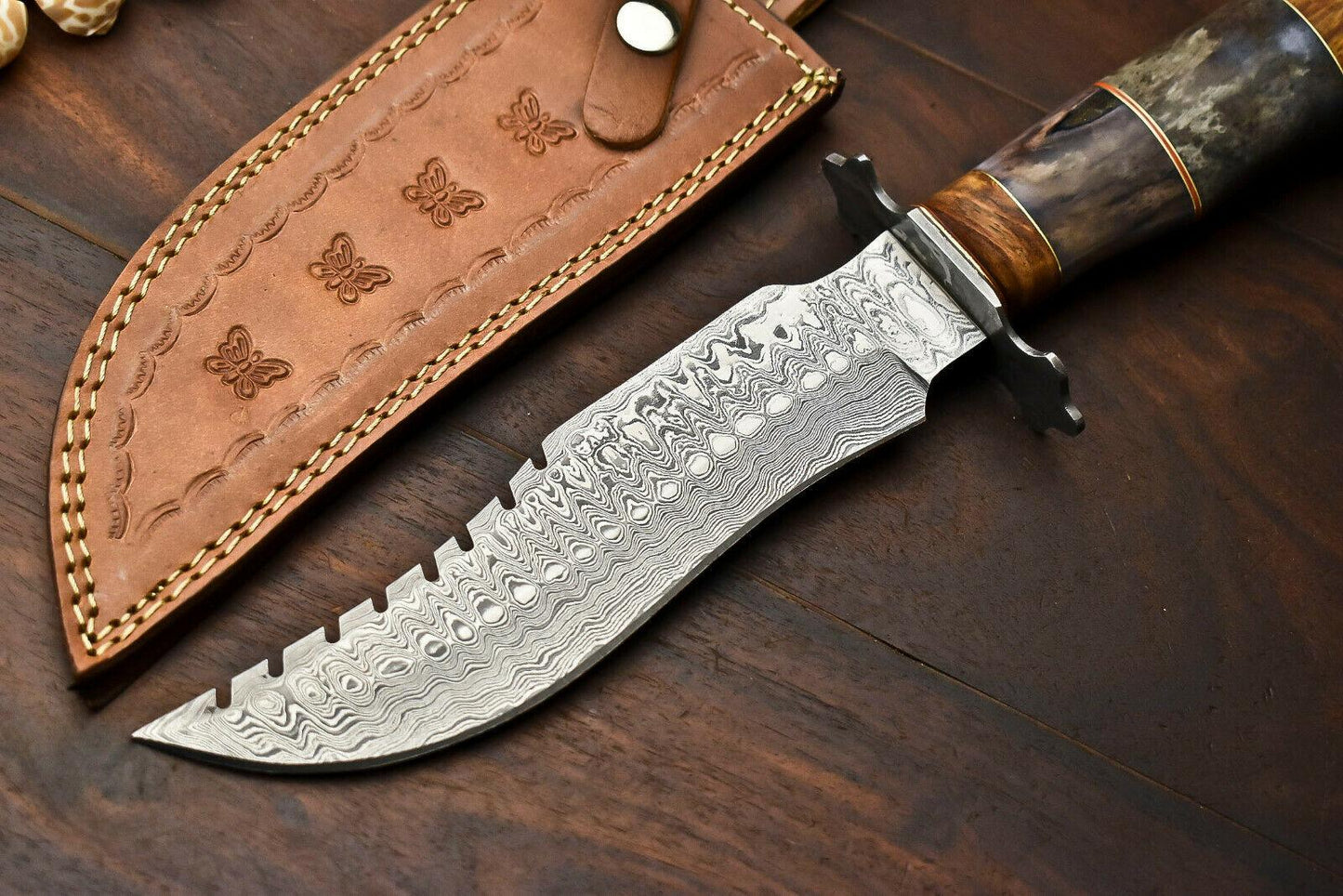 12.5" Damascus Steel Bowie Knife – Camel Bone Handle | Handmade Hunting Blade