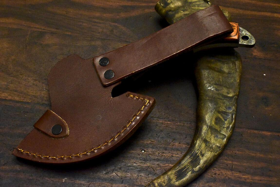 Hand Forged Damascus Steel Hardwood Hunting Clever Chopper Axe Knife with Leather Sheath