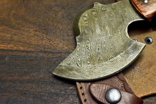 Hand Forged Damascus Steel Hardwood Hunting Clever Chopper Axe Knife with Leather Sheath