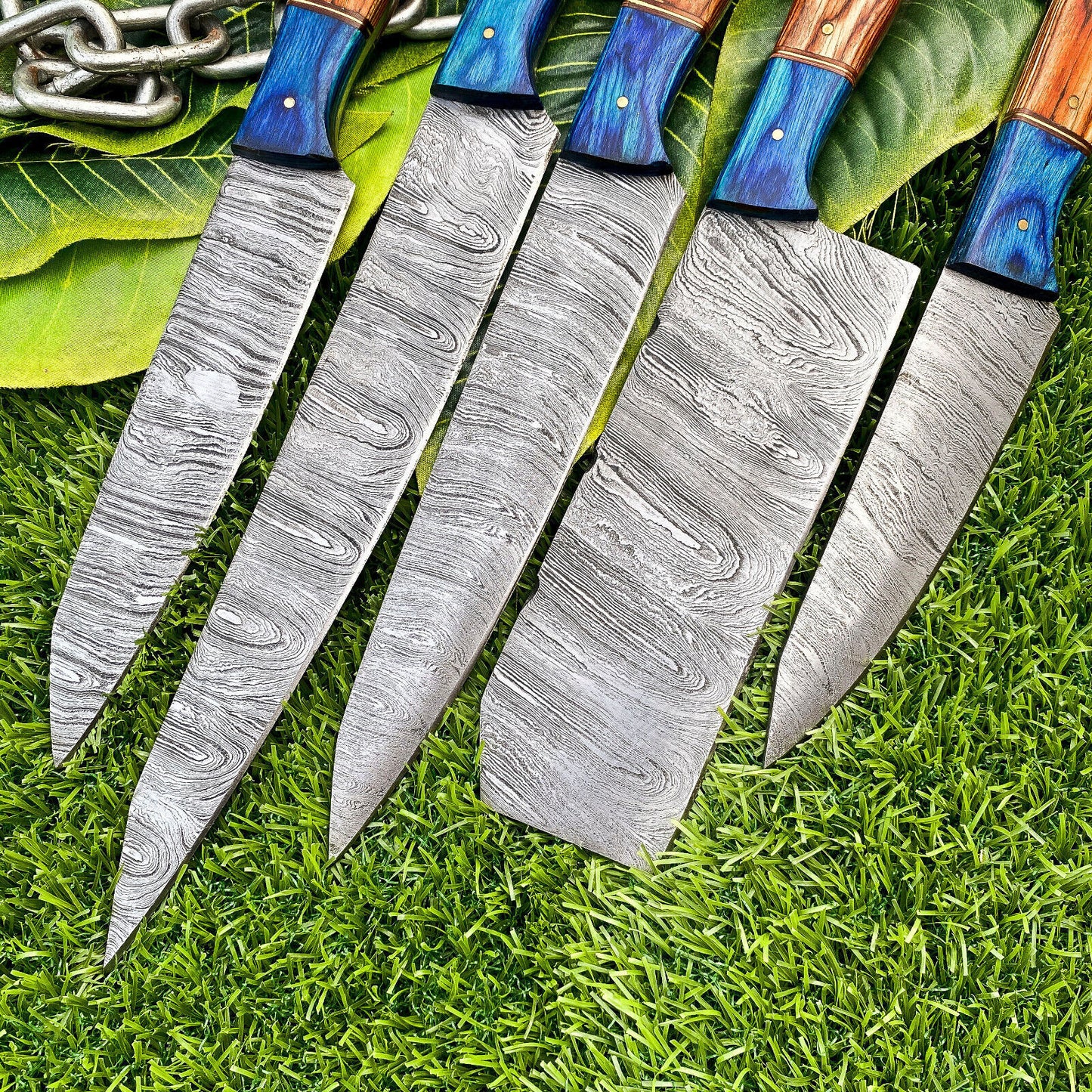 Lot of 5 Handmade Damascus Steel Full Tang Kitchen Chef Knife Set – Premium Hardwood Handle EDC Knives