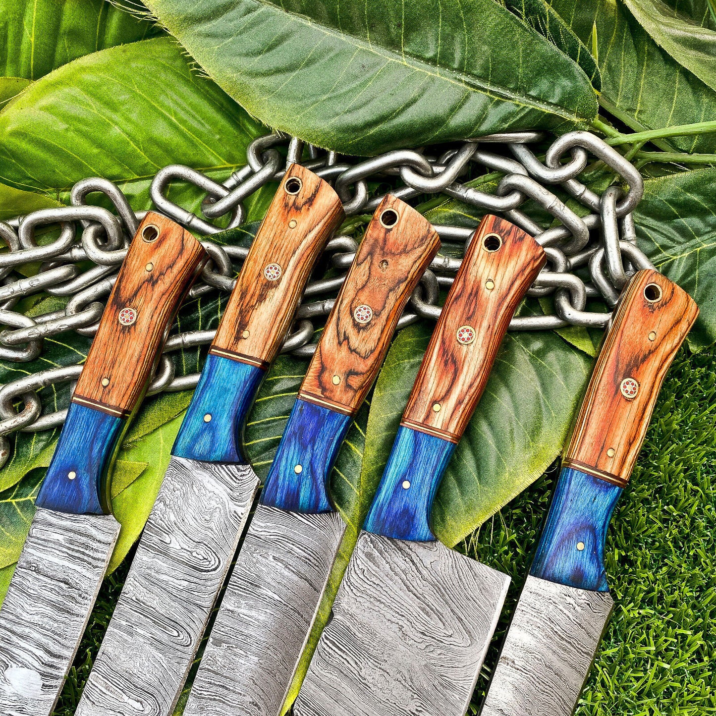 Lot of 5 Handmade Damascus Steel Full Tang Kitchen Chef Knife Set – Premium Hardwood Handle EDC Knives