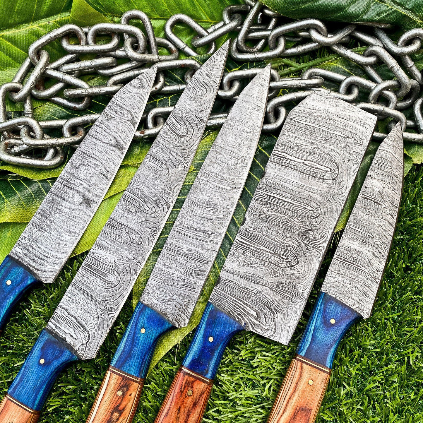 Lot of 5 Handmade Damascus Steel Full Tang Kitchen Chef Knife Set – Premium Hardwood Handle EDC Knives