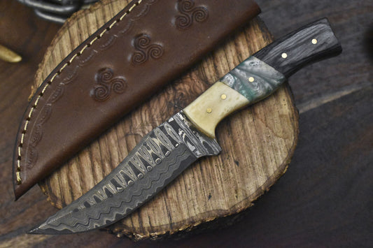 8" Hand Crafted Ladder Damascus Skinner Knife Mixed Material Camping Unique