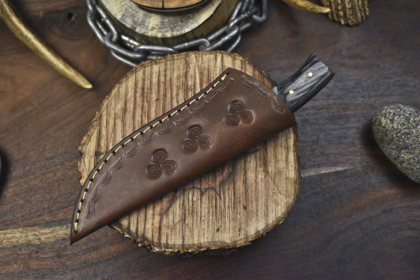 8" Hand Crafted Ladder Damascus Skinner Knife Mixed Material Camping Unique