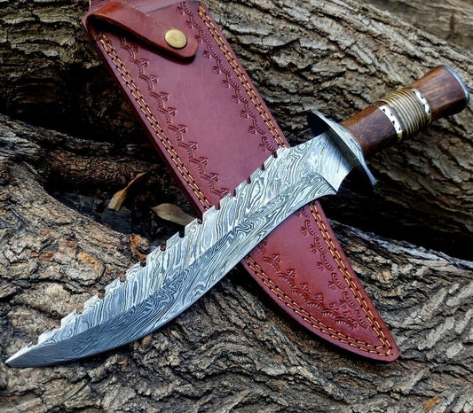 Heritage Forge 15 Inch Full Tang Damascus Steel Bowie Knife with Wood and Stag Handle and Leather Sheath
