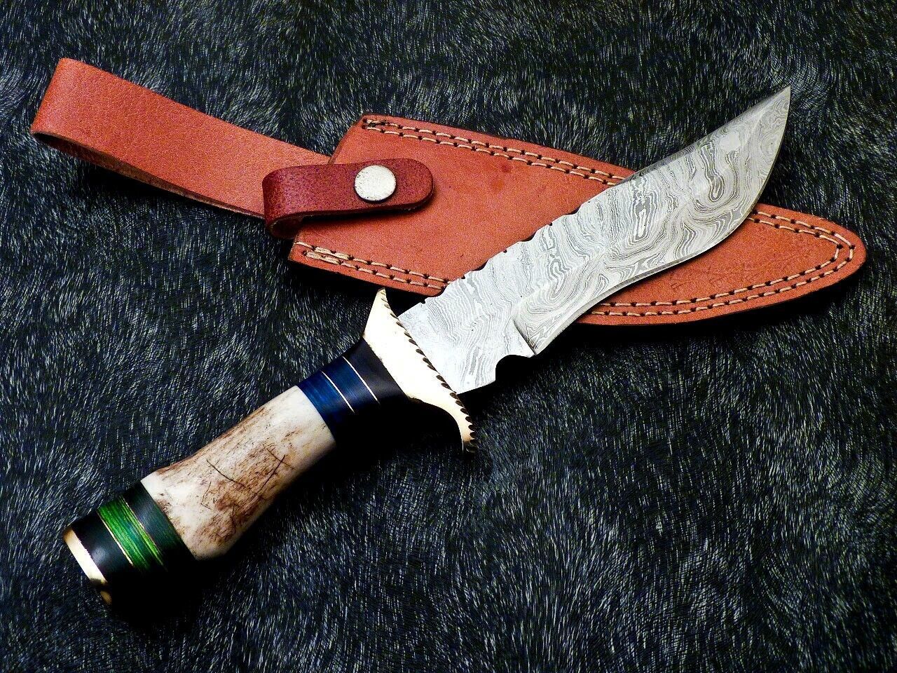 Hand Forged Damascus Steel Bowie Knife – Stag Horn & Hardwood Handle, 10.5" Hunting Blade