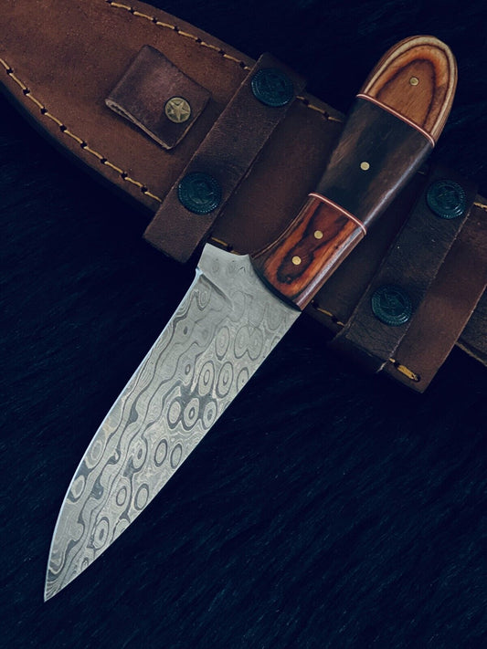 9.5" Rain Drop Damascus Bowie Knife – Camel Bone & Wood Handle