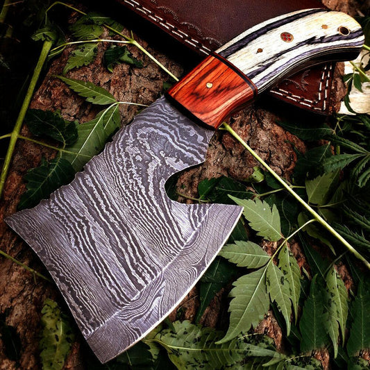 Custom Handmade Damascus Steel Throwing Axe – 8 Inch Viking Style Small Damascus Axe with Leather Sheath