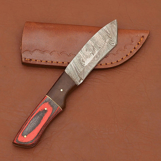 Damascus Steel Skinner Knife Wood Handle for Camping and Hunting with Sheath