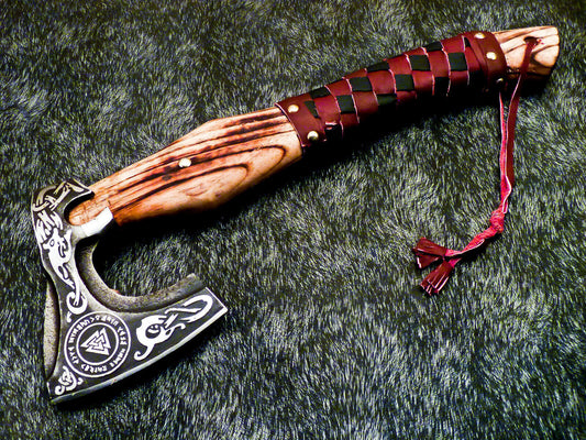 Hand Forged Viking Warrior Berserker Axe – Norse Bearded Hatchet with Leather Sheath