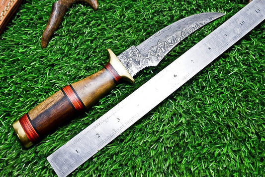 10" Handmade Damascus Steel Bowie Knife | Natural Wood Handle