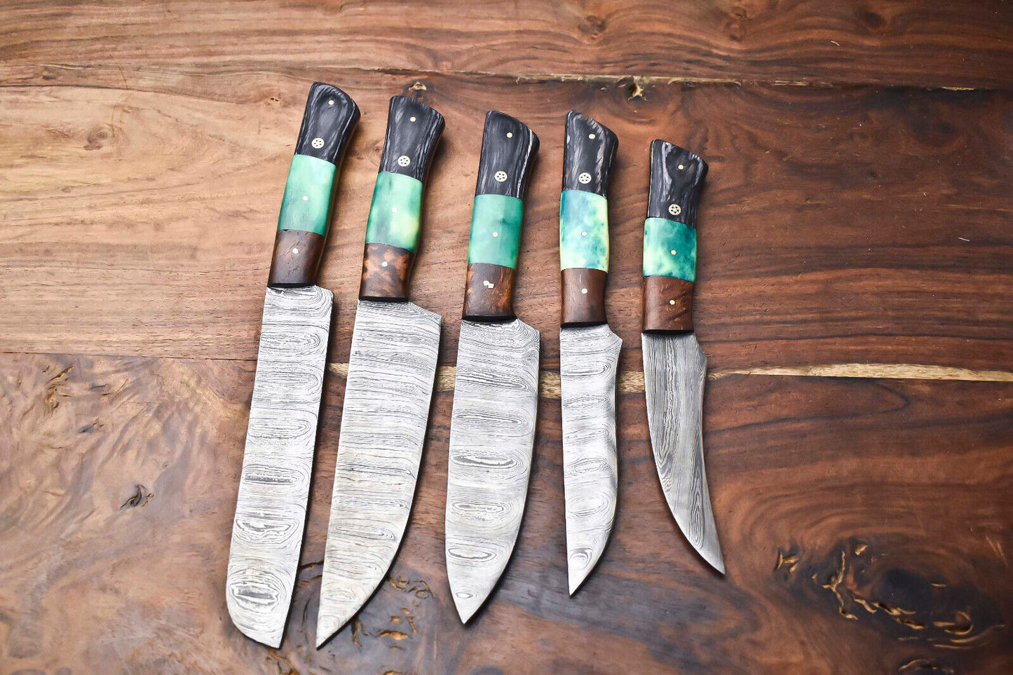 Custom Lot of 5 Handmade Hammered Damascus Steel Chef Knives – 384 Layer Blade Set