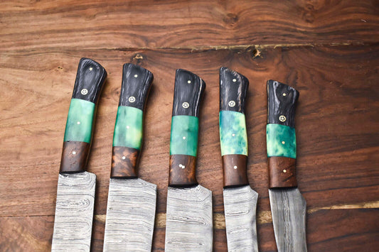 Custom Lot of 5 Handmade Hammered Damascus Steel Chef Knives – 384 Layer Blade Set