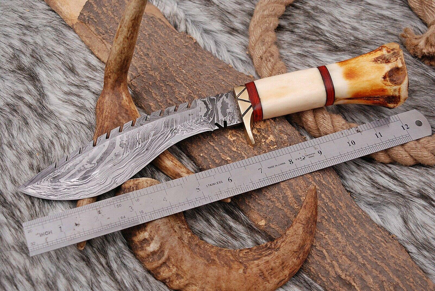 12" Handmade Damascus Kukri Bowie Knife with Bone Handle & Leather Sheath