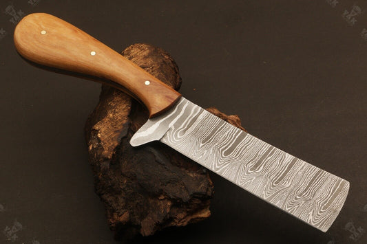 Hand Forged Damascus Steel Bull Cutter Knife 9" Custom Cowboy Bull Knife with wood Handle