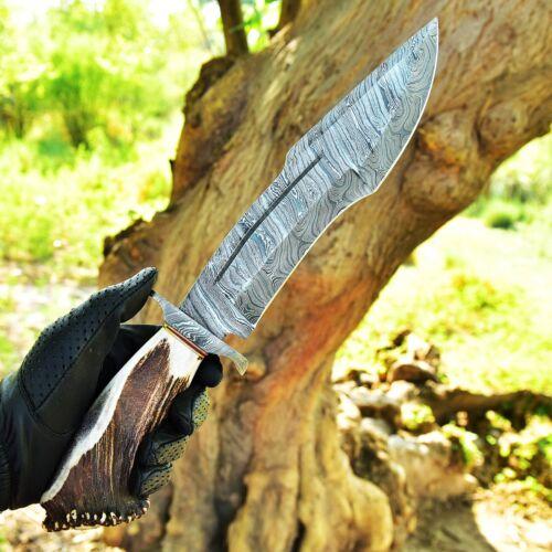 16" Custom Handmade Forged Damascus Steel Hunting Bowie Knife | Deer Stag Crown Handle & Leather Sheath