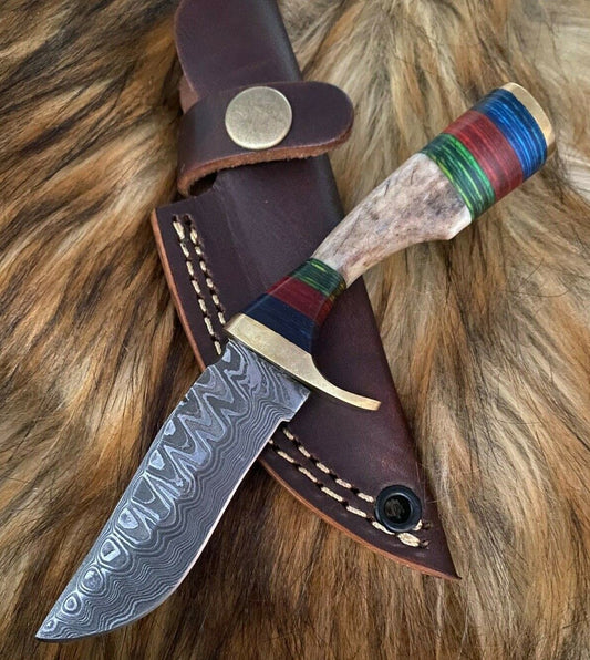 Forged Damascus Hunting Knife Stag Handle with Brass Guard and Leather Sheath