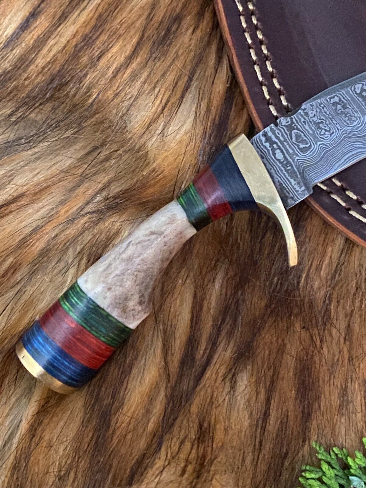 Forged Damascus Hunting Knife Stag Handle with Brass Guard and Leather Sheath