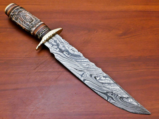 14" Damascus Bowie Knife – Engraved Bone & Pakka Wood Handle | Brass Guard