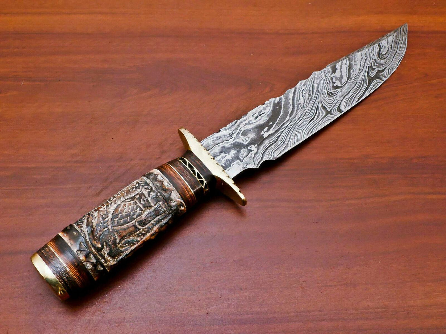 14" Damascus Bowie Knife – Engraved Bone & Pakka Wood Handle | Brass Guard